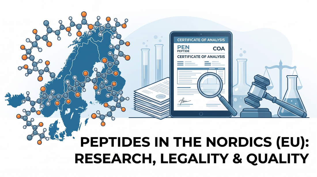 Peptider laglighet Sverige 2026 – illustration av EU-regelverk, COA-dokumentation och forskningsanvändning av peptider på den svenska marknaden