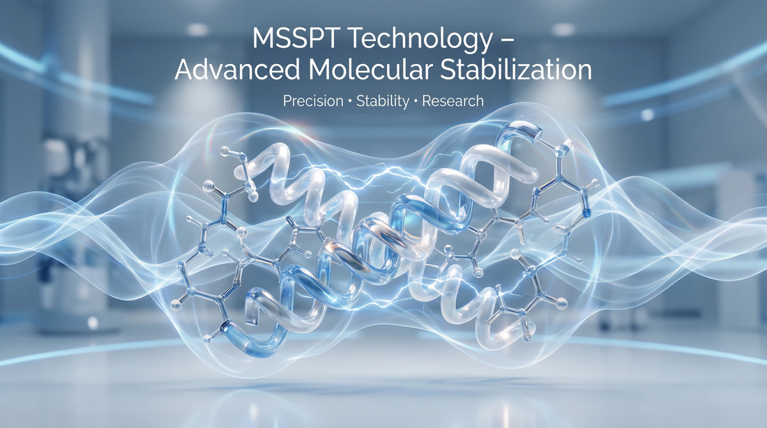 MSSPT-teknologi – illustration av molekylär stabiliseringsprocess för peptider med skydd mot oxidation, nedbrytning och strukturförändring